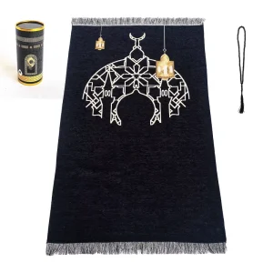 Black Modern Tufted High Pile Loop Pile Polyester Novelty Islamic Prayer Rug Prayer Beads Elegant Gift Box Janamaz Sajadah