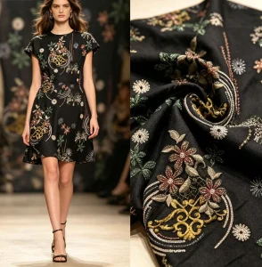 Black Spot 3D Flower Bead Tube Embroidery Line Weaving Sequins Brocade Fabric Wedding Dress Women’s Apparel Abaya Dubai