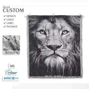 Black White Lion Cartoon Jacquard Tapestry Blanket Custom Design Woven Fabric Premium Motif Home Decor Wall Hanging Four Seasons