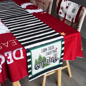 Black White Striped Farmhouse Christmas Linen Table Runner with Truck Print Durable Customizable for Home & Hotel Use