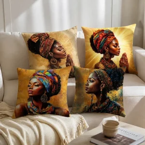 Black Woman Gold Makeup Throw Pillow Cover Soft Polyester African Portrait Cushion Case Decorative Shell for Bed