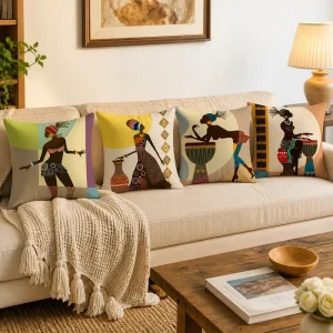 Black Woman Royalty Throw Pillow Cover Soft Polyester African Gold Portrait Cushion Case Accent Shell for Couch