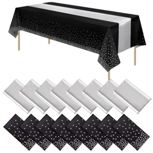 Black and Silver Dot Tablecloth Silver Satin Table Runner Disposable Plastic Tablecloths and Satin Table Runner Set for Wedding