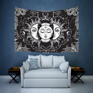 Black and White Burning Sun With Stars Psychedelic Mystic Wall Hanging Sun and Moon Tapestry