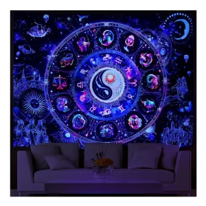 Blacklight Constellation Tapestry UV Reactive Sun and Moon Tapestries Zodiac Astrology Wall Tapestries Banner Galaxy Wall