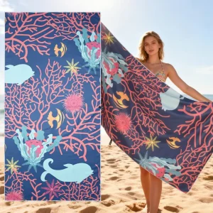 Blue Black Seaweed Coral Sand Free Recycled Microfiber Towel Beach Quick Dry Comfortable Custom Beach Towel