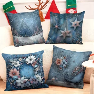 Blue Christmas Throw Pillows with Snowflakes Flowers and Sleigh Festive Decor for Cozy Holiday Living Room