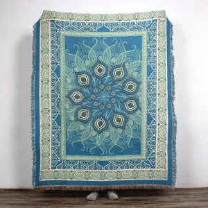 Blue Floral Decorative Tapestry Throw Tassel 100% Cotton Comfortable Custom Jacquard Woven Four Seasons Hotel Use