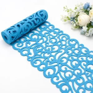 Blue Floral Hollow Design Table Runner for Wedding and Party Polyester Felt Table Runner