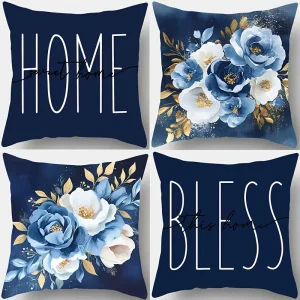 Blue Floral Letter Throw Pillow Covers Decorative Cushion Cases Set for Living Room Sofa Couch Chair