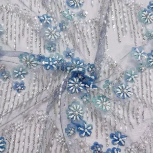 Blue Flower Beaded Fringe Lace Fabric Silver Sequin Waterfall Mesh for Prom Gown Party Wedding Decor