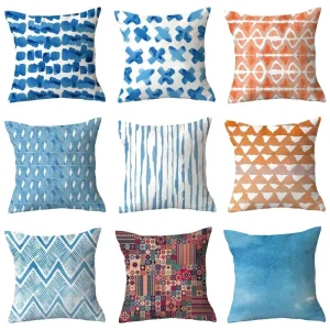 Blue Geometric Printed Plush Cushion Cover Outdoor Indoor Dual Use Home Decor Sofa Throw Pillow Cover Polyester Fabric