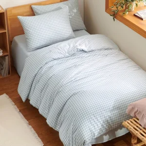 Blue Gingham Plaid Checkered Contemporary Organic Cotton Comforter Set Twin Size Dorm Bedding 2 Pieces Soft Lightweight