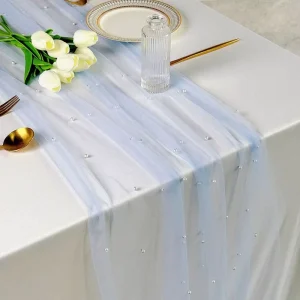 Blue Pearl Luxury Table Runner Wedding Lace Chiffon Tulle Table Cover Home Hotel Birthday Baby Shower Party Decor