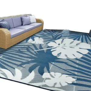 Blue Planter Series Reversible Jacquard Polypropylene Rug Modern Floral Design PET Friendly Easy Clean Machine Made Outdoor Home