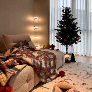Blue Red Lattice Throw Blanket with Pompom Christmas Plaid Blankets for Winter