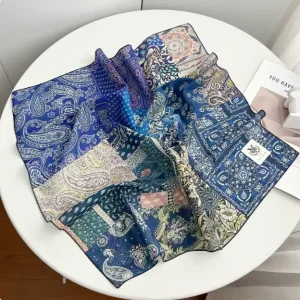 Blue Spliced Floral Plaid Cotton Square Bandana Head Scarf Neck Wrap Bag Decor Face Cover Daily Street Holiday Gift