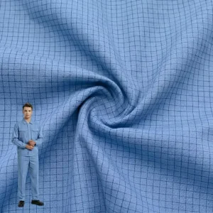 Blue Tear Break Resistant Anti Static 65% Polyester 34% Cotton 1% Carbon 10 mm Check Fabric for Industrial Work Wear
