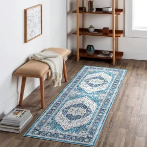 Blue Vintage Persian Runner Rug, Machine-washable, Non-slip, Traditional Floral Pattern, Ideal for Hallways and Kitchens