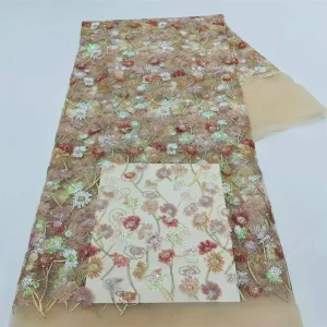 Blue mesh fabric with leaf and flower multi color sequin embroidery for gowns wedding dresses and children’s clothing