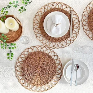 Bohemian Collection Cutwork Rattan Placemats Rattan Handmade Floral Round Placemats Rattan Placemats Durable Slate Kitchen Mats