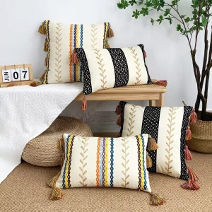 Bohemian Ethnic style Embroidered Throw Pillow Geometric Pattern Polyester Colorful Chain stitch Design Versatile Tassel Cushion