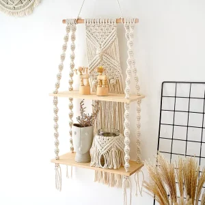 Bohemian Hand Woven Tapestry Bookshelf Plant Pot & Book Storage Rack Decorative Shelf for Guesthouse & Living Room