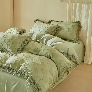 Bohemian Heart Tassel Bedding Set 4 Piece French Cut Out Soft Polyester Bed Sheets Breathable Aesthetic Trendy Home Decor