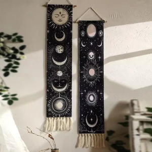 Bohemian Jacquard Wall Hanging Lunar Eclipse Cycle Printed Cotton Linen Poster Moon Phase Tapestries for Bedroom Knitted Woven