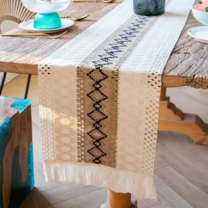Bohemian Linen Cotton Tassel Table Runner Reusable Long Burlap Tablecloth Festival Celebration for Rustic Farmhouse Party Decor