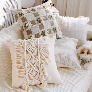 Bohemian Macrame Knitted Throw Pillow Cover Beige Tufted Cushion with Tassels Wood Beads Soft Square Pillowcase
