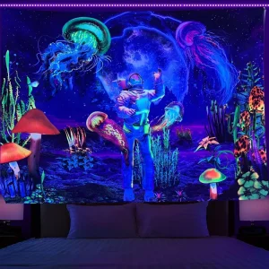 Bohemian Psychedelic UV Reactive Skull Astronaut Wall Tapestry Mushroom Hanging Eco Friendly Polyester Black Light Glow