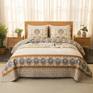 Bohemian Queen Size Quilt Comforter Sets 3 Pieces Printed Coverlet with Pillowcase Lightweight Bedspread Set for All Seasons
