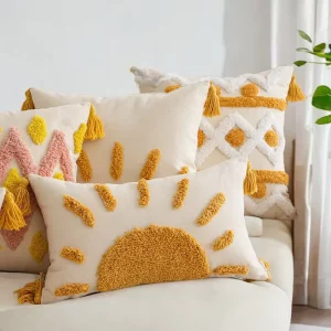 Bohemian Square Sofa Throw Pillow Cover with Tufted Embroidered Tassel Design Poly Cotton Material