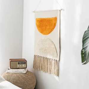 Bohemian Style Hand Woven Cotton Tapestry with Tassel Nordic Hanging Picture Fabric for Bedroom Decorative Use