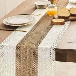 Bohemian Style Table Runner 14×72 Inch Brown Ivory Mexican Stripes with Bicolor Stitching Coarse Boho Decor