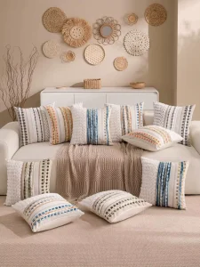 Boho Chenille Tufted Throw Pillow Covers Striped Square Zipper Closure Breathable Fade Resistant Living Decor