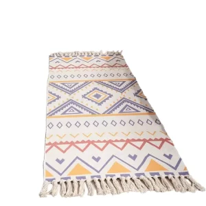 Boho Chic White Moroccan Runner Rug Geometric Printed Polyester Carpet with Woven Technique and Tassel for Home or Hotel Use