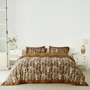 Boho Duvet Cover Queen 100% Cotton 3 Pcs Set Brown Floral Duvet Cover with Zipper Ties 2 Pillow Shams Soft Bedding Set