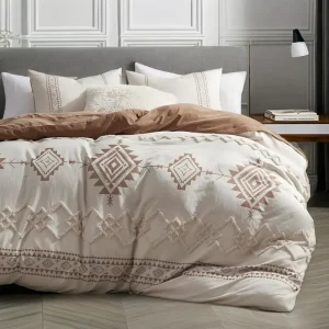 Boho Geometric Pattern Duvet Cover Set Queen Beige Terracotta 3 Pieces Microfiber 200TC Durable Super Soft Hospital Hotel