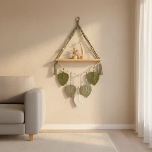 Boho Handmade Macrame Leaf Shape Wall Hanging Shelf with Wood Board for Living Room Bedroom Home Decor