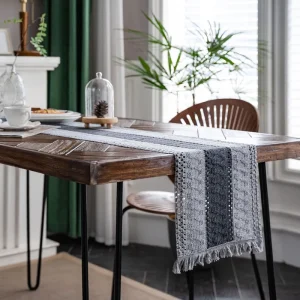 Boho Macrame Table Runner Handmade Woven Cotton Linen Rustic Farmhouse Decor with Tassels for Wedding Party Dining Table