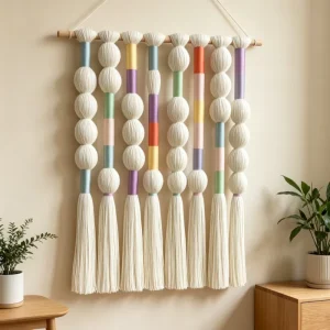 Boho Macrame Wall Hanging with Pastel Color Block Ball & Tassel Design for Living Room Decor