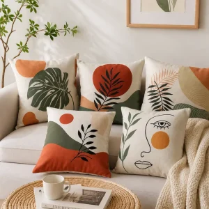 Boho Minimalist Line Art Throw Pillow Cover Soft Polyester Abstract Leaf Face Pattern Cushion Case Pillow Shell for Couch