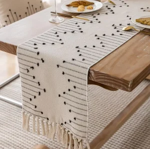 Boho Rustic Natural Woven Farmhouse Stripe Cotton Waterproof Recycled Customizable American Style Table Runner Luxury Tassels