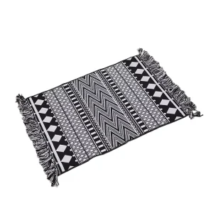 Boho Style Bathroom Rug Runner 100% Woven Black Geometric Animal Print Reversible Cotton Weave Tassels Machine Made