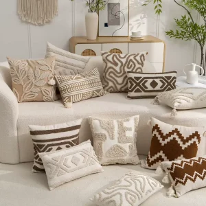 Boho Tufted Geometric Throw Pillow Covers Neutral Embroidery Cushion Cases Modern Square Lumbar Decor for Sofa Couch Indoor