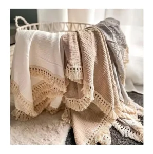 Boho Vintage Baby 6-Layer Bamboo Cotton Fiber Knit Fringe Tassel Eco-Friendly Muslin Swaddle Wrap Blanket Newborn