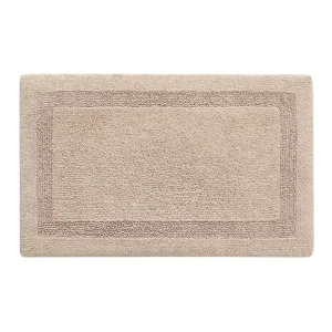 Bordered Tufted Cotton Bath Mat Absorbent Non Slip Bathroom Rug in White Grey