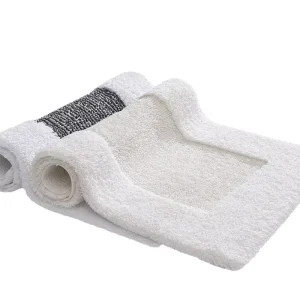 Bordered Tufted Cotton Bath Mat Absorbent Non Slip Bathroom Rug in White Grey